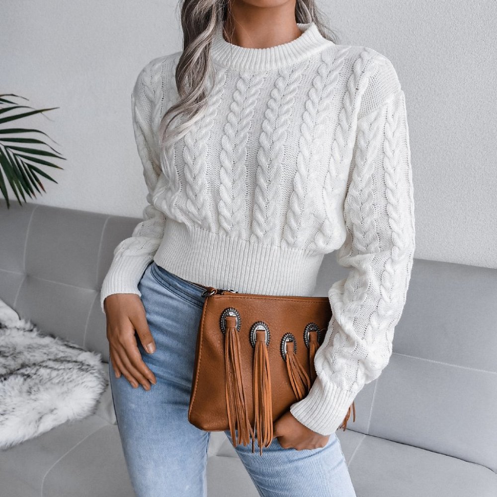 Cable-Knit Cropped Sweater,Medium,White,NWT